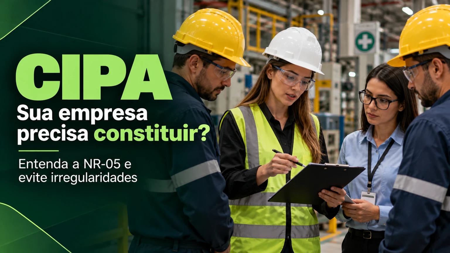 CIPA: sua empresa precisa constituir? Equipe reunida em ambiente industrial para prevenção de acidentes e atendimento à NR-05.