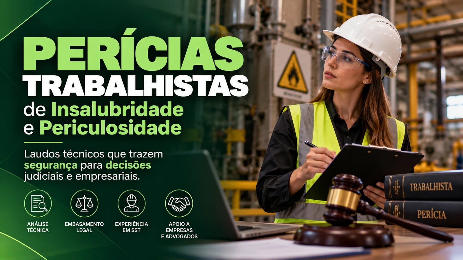 Perícias trabalhistas de insalubridade e periculosidade: profissional em ambiente industrial com prancheta e símbolos de análise técnica e apoio jurídico.