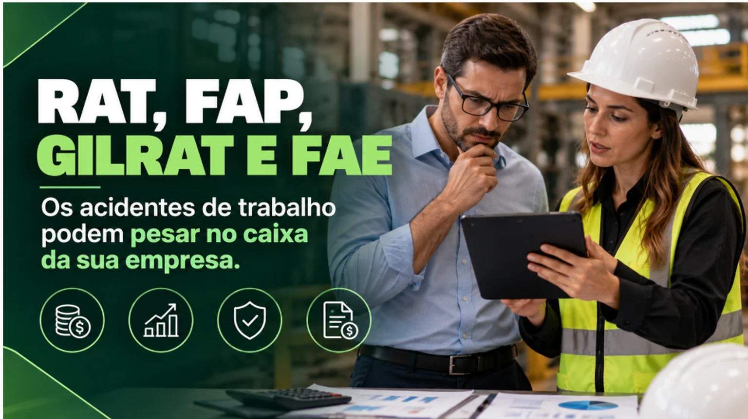 RAT, FAP, GILRAT e FAE: encargos relacionados a acidentes de trabalho, com profissionais analisando dados em ambiente industrial.