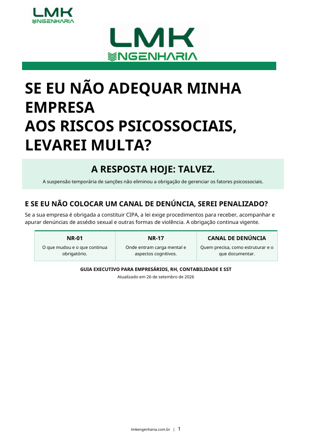 Capa do e-book da LMK Engenharia sobre riscos psicossociais e canal de denúncia